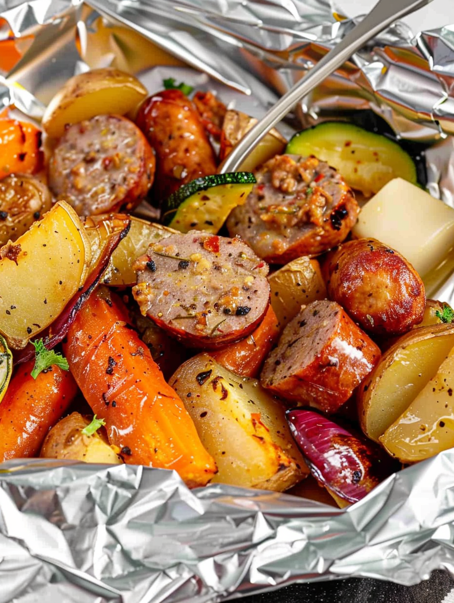 Foil packets of sausage and vegetables in an air fryer
