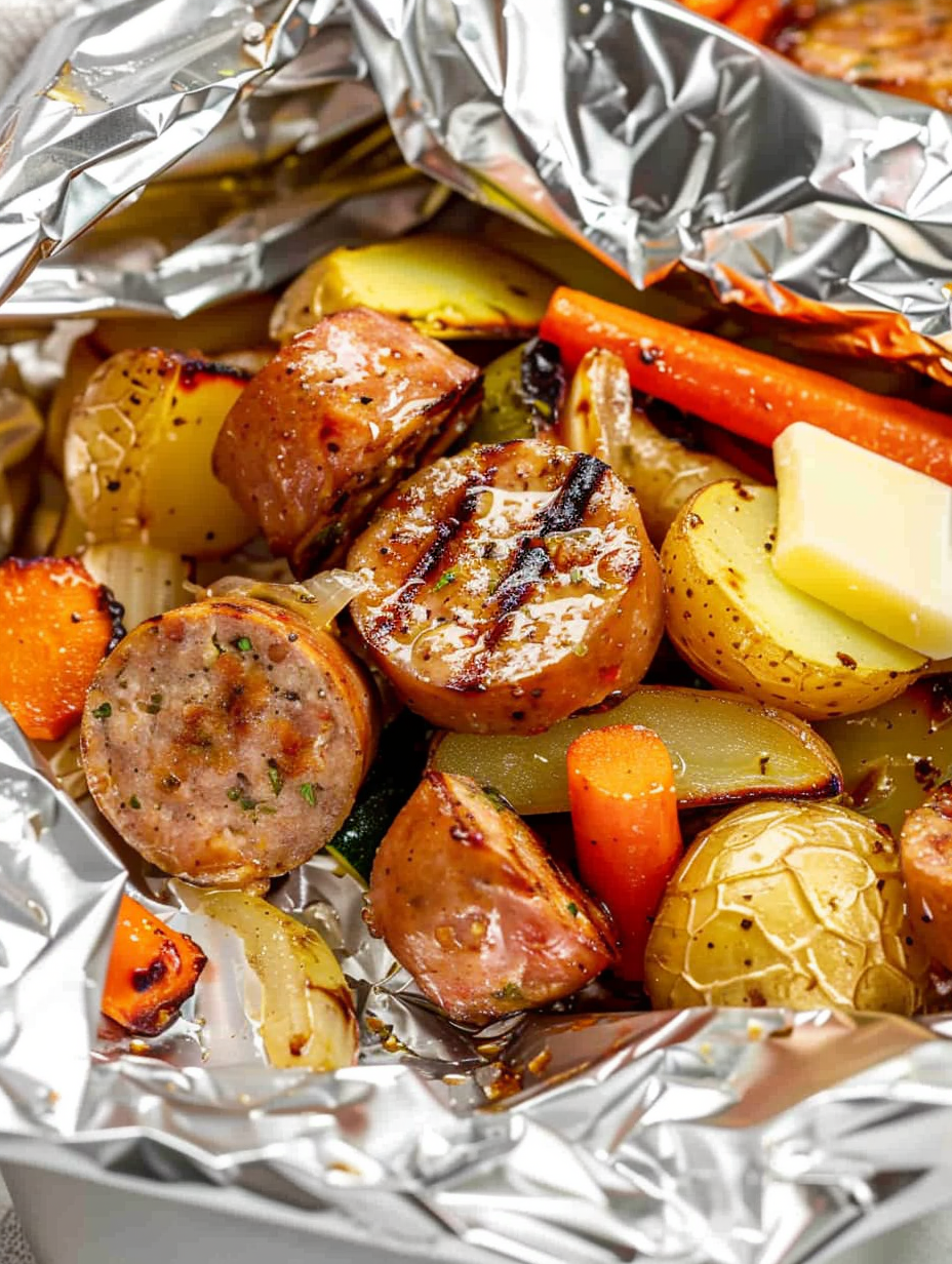 Close-up of cooked sausage and vegetables in foil
