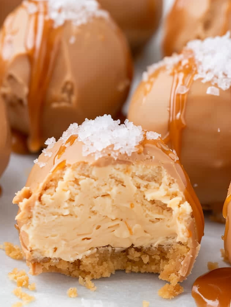 Tray of caramel cheesecake bites being dipped