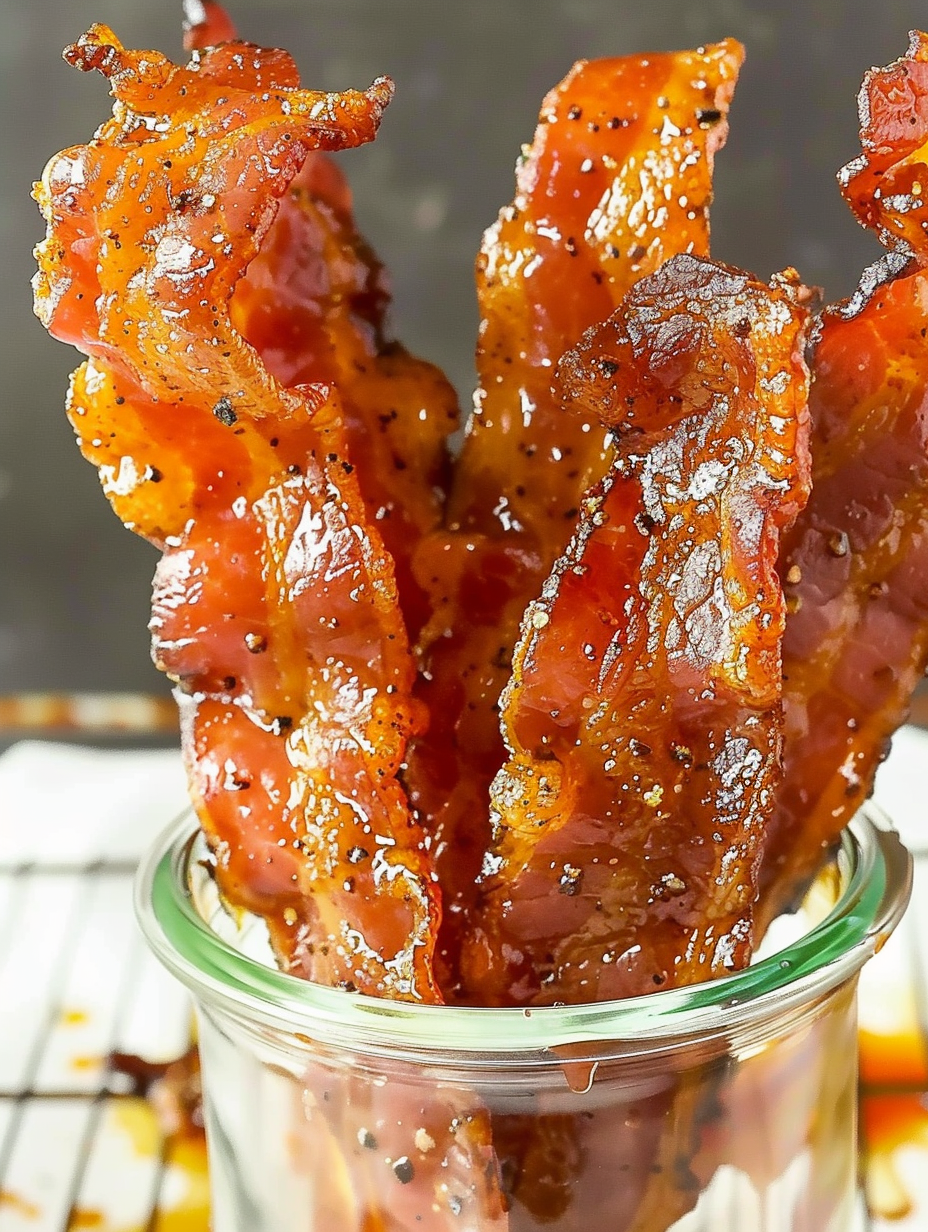 Slices of brown sugar glazed bacon ready to bake