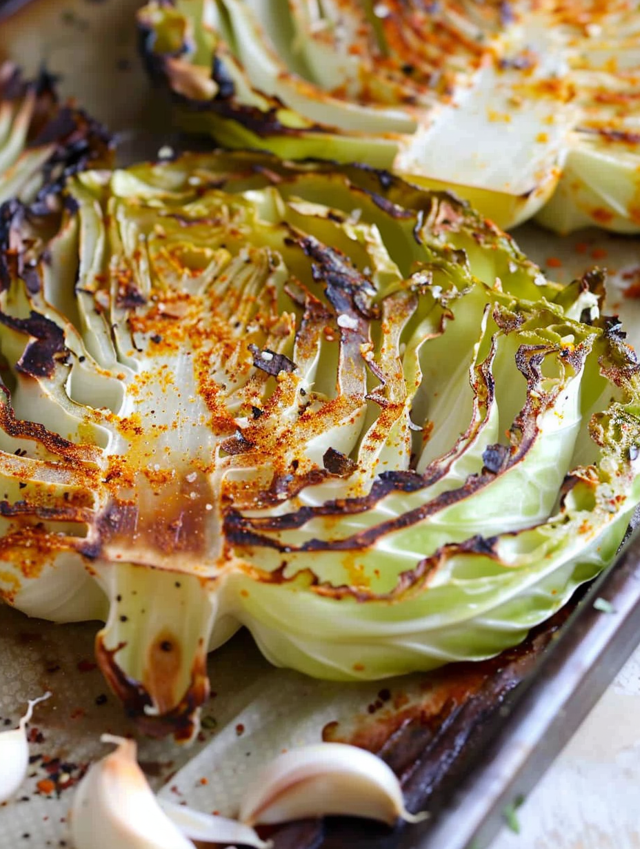Roasted cabbage steaks on baking sheet