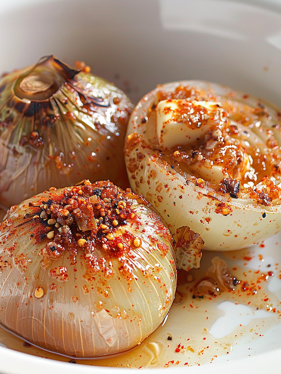 Cooked baked onions with butter and spices