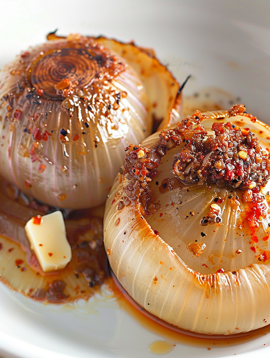 Two seasoned baked onions in foil ready to serve