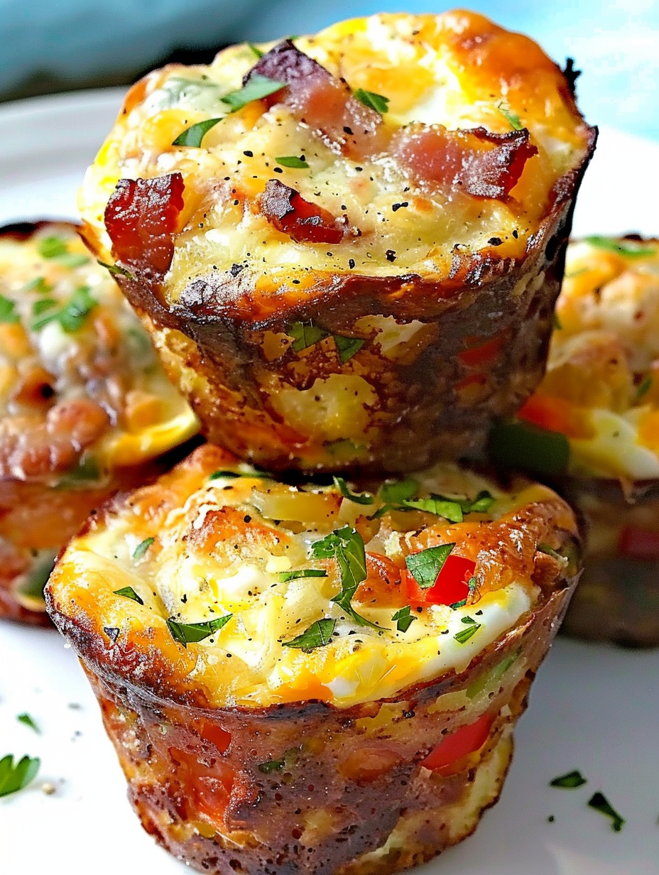 Breakfast muffin with hash brown crust and pepper pieces
