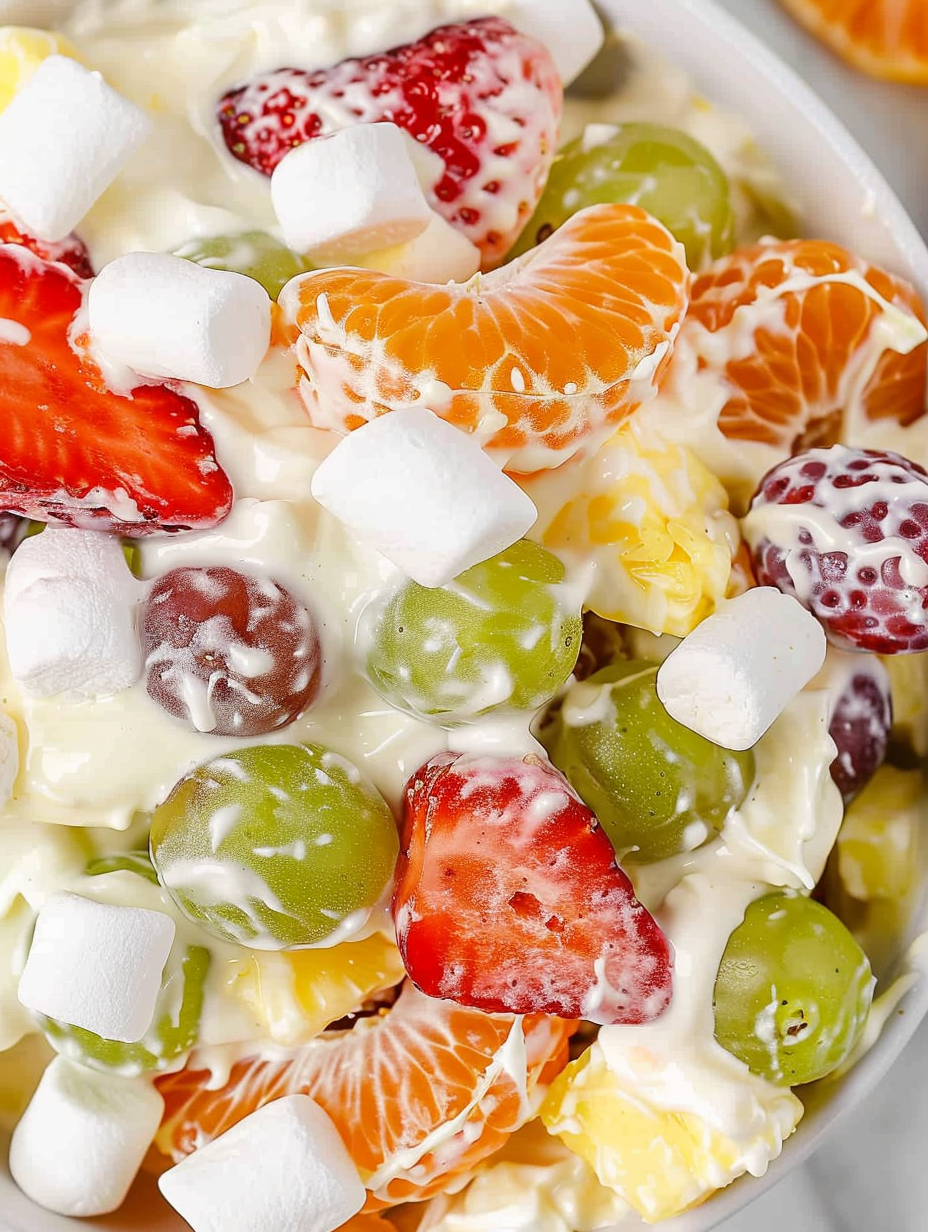 Pudding fruit salad in a serving bowl