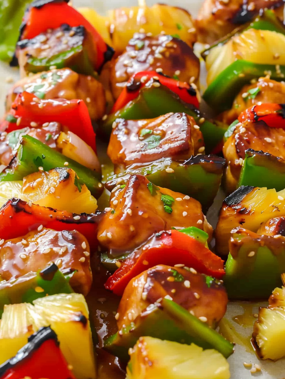 Close-up of kabob ingredients on skewers