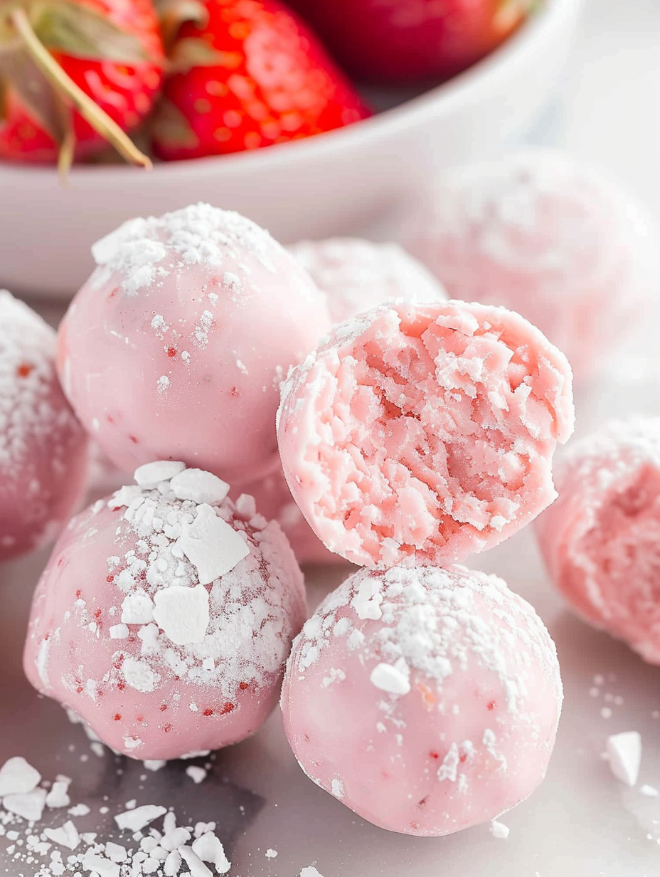 Strawberry truffles plated with powdered sugar dusting