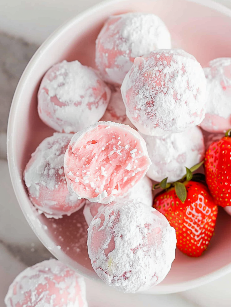 Close-up of a single strawberry truffle coated in powdered sugar