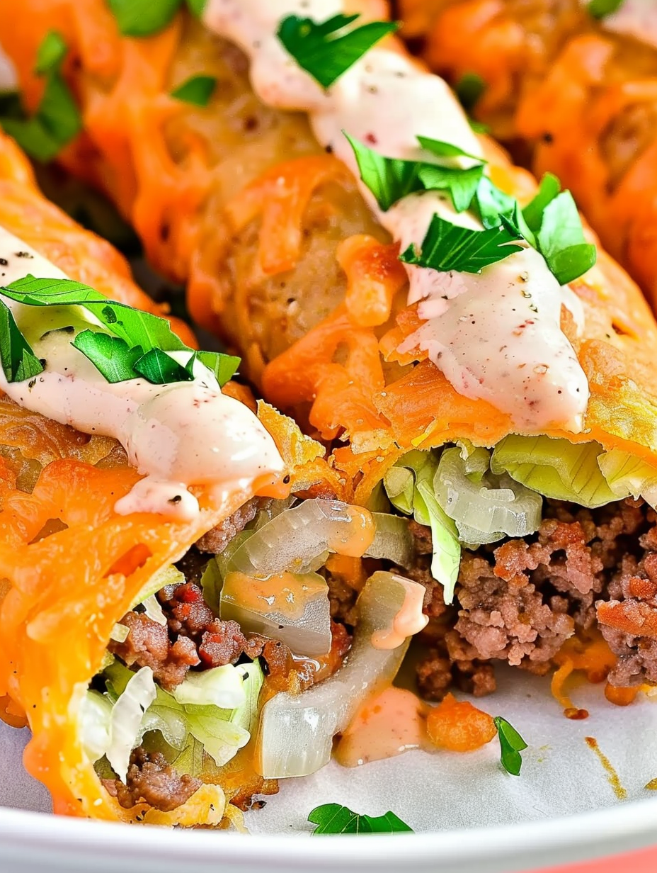 Assembled keto big mac roll-ups on a serving board