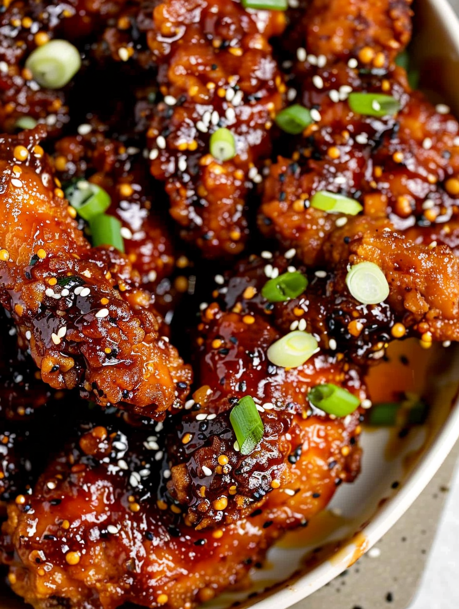 Bowl of Korean chicken with glaze and sesame seeds