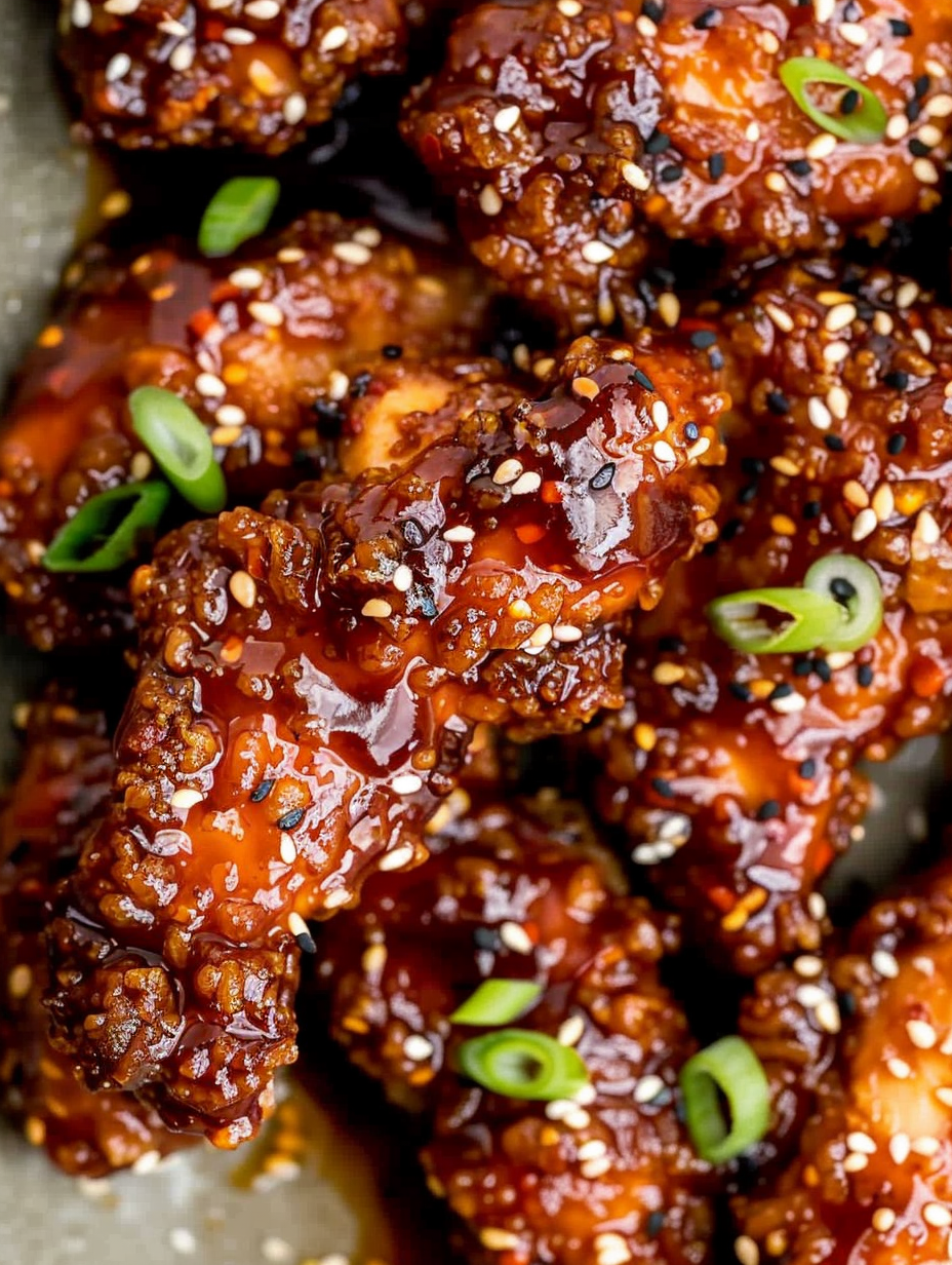 Served Korean chicken with green onions and sesame seeds