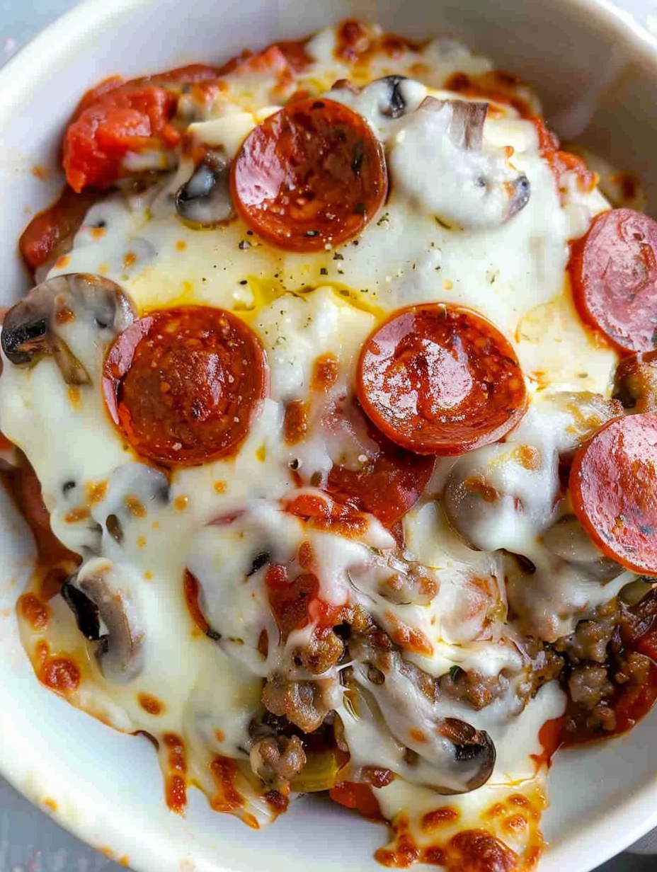 Individual bowls of keto pizza topped with pepperoni