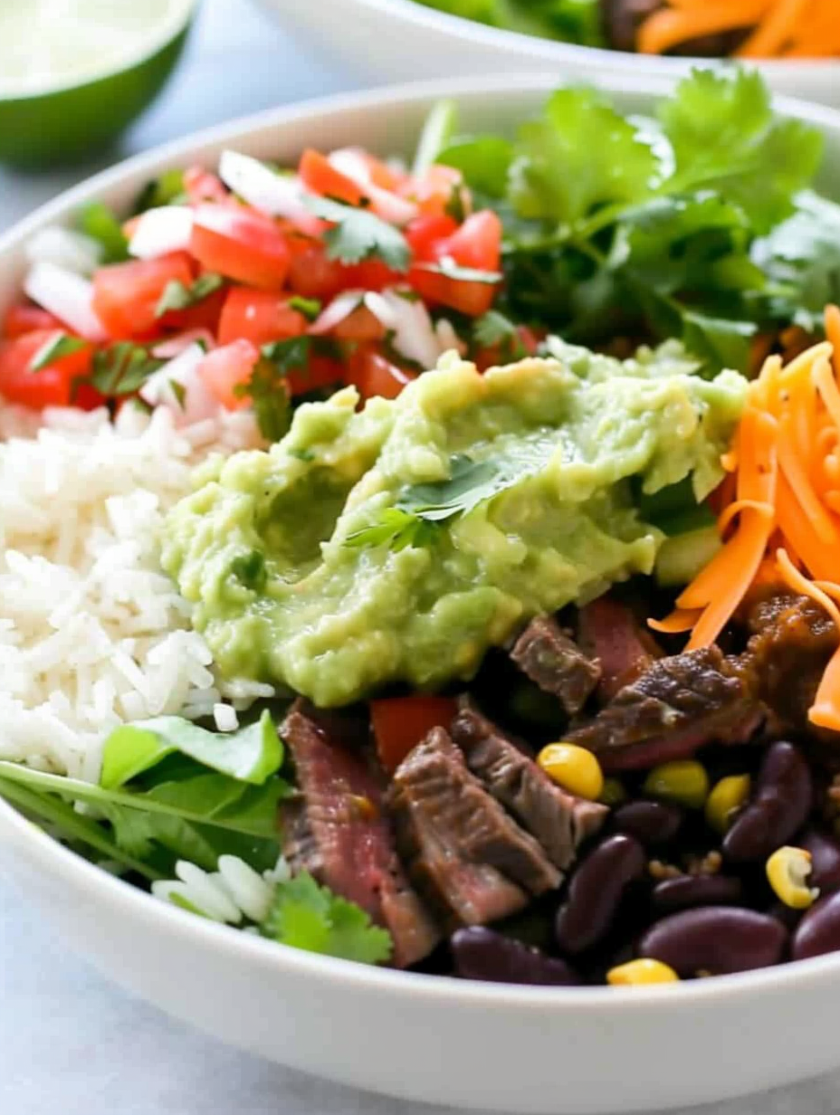 Steak Burrito Bowl assembled in a bowl with lime and cilantro