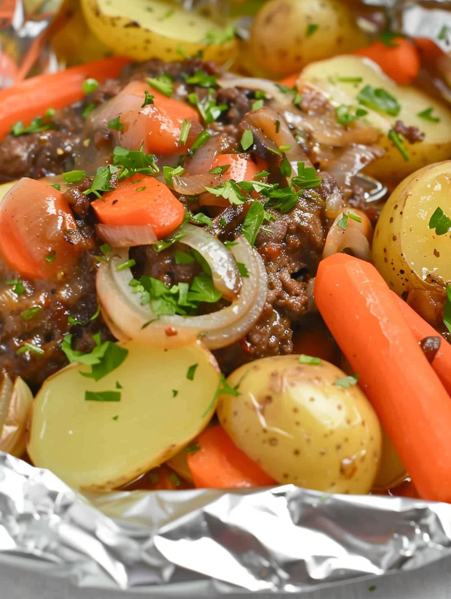 Foil packet with beef patty and sliced potatoes