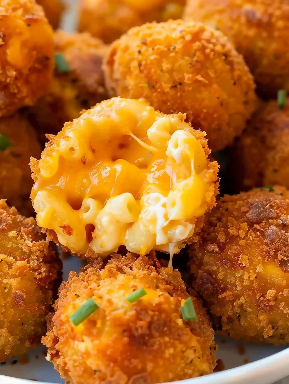 Golden mac and cheese balls drying on a wire rack