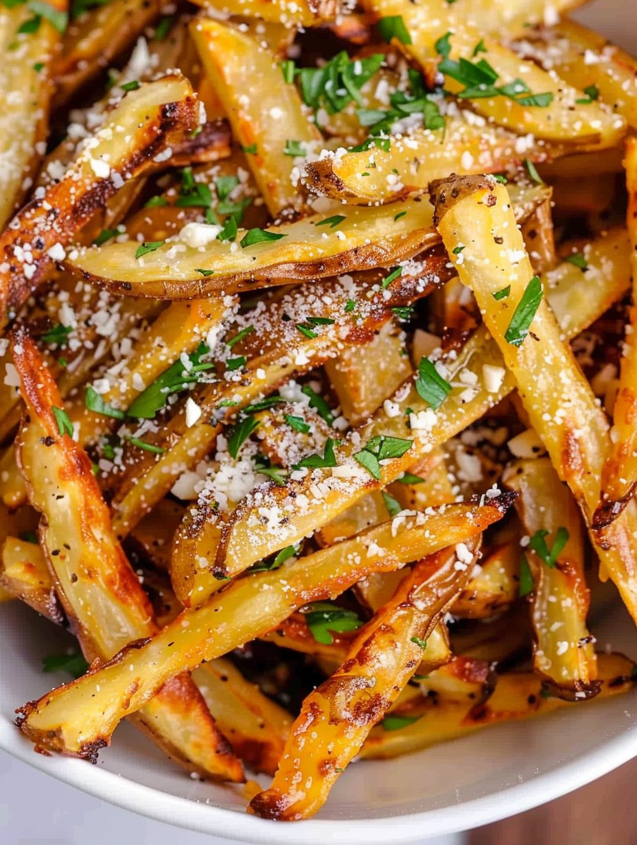 Close-up of seasoned fries with parmesan