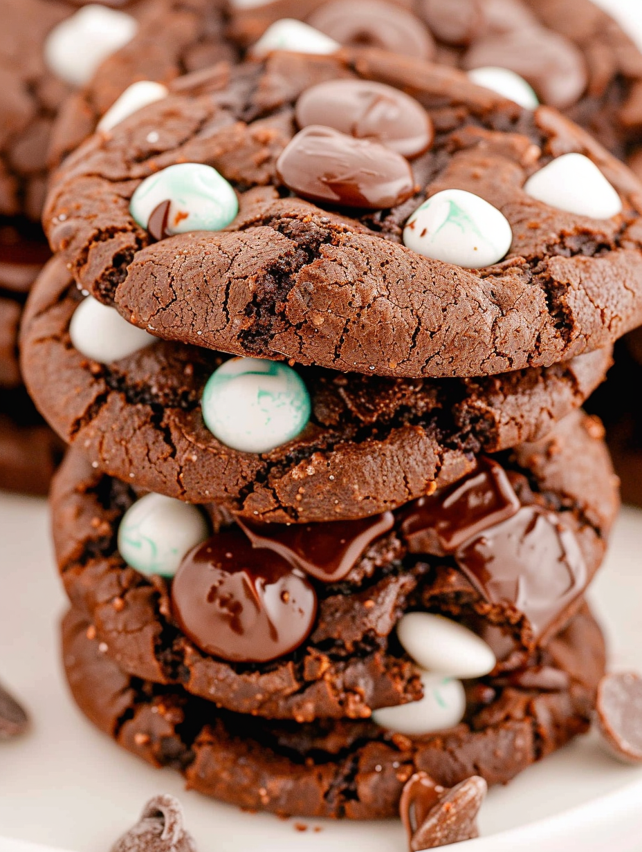 Close up of Junior Mint topping on a chocolate cookie