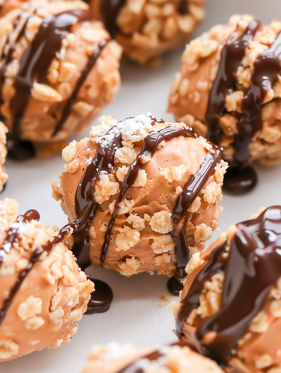Close-up of a single muddy buddy cookie with chocolate drizzle