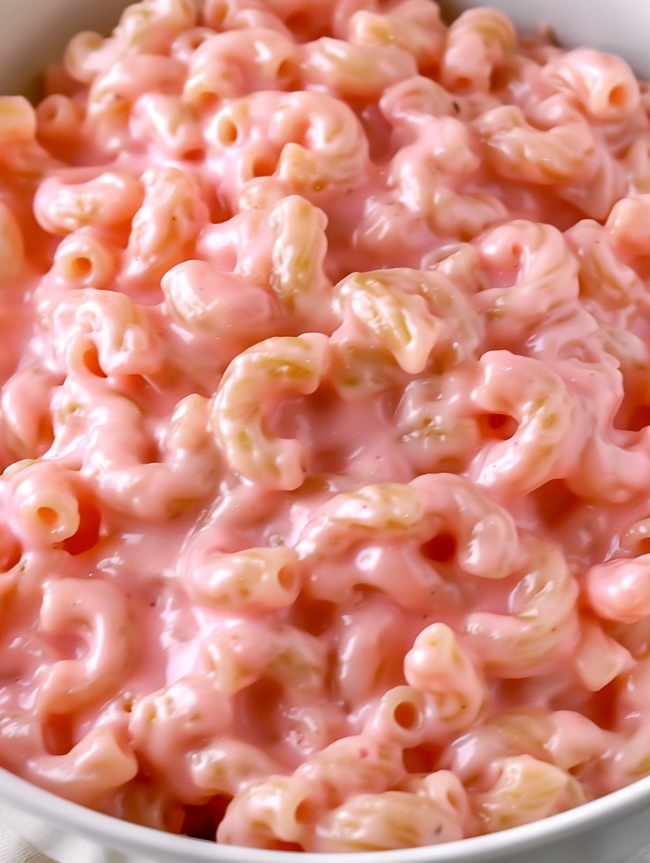 Pink mac and cheese in a bowl with herbs