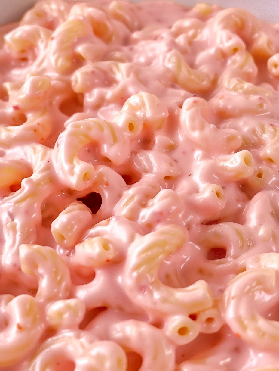 Close-up of pink mac and cheese showing creaminess