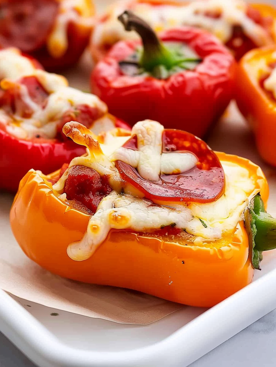 Mini pepper pizzas on a parchment-lined baking sheet
