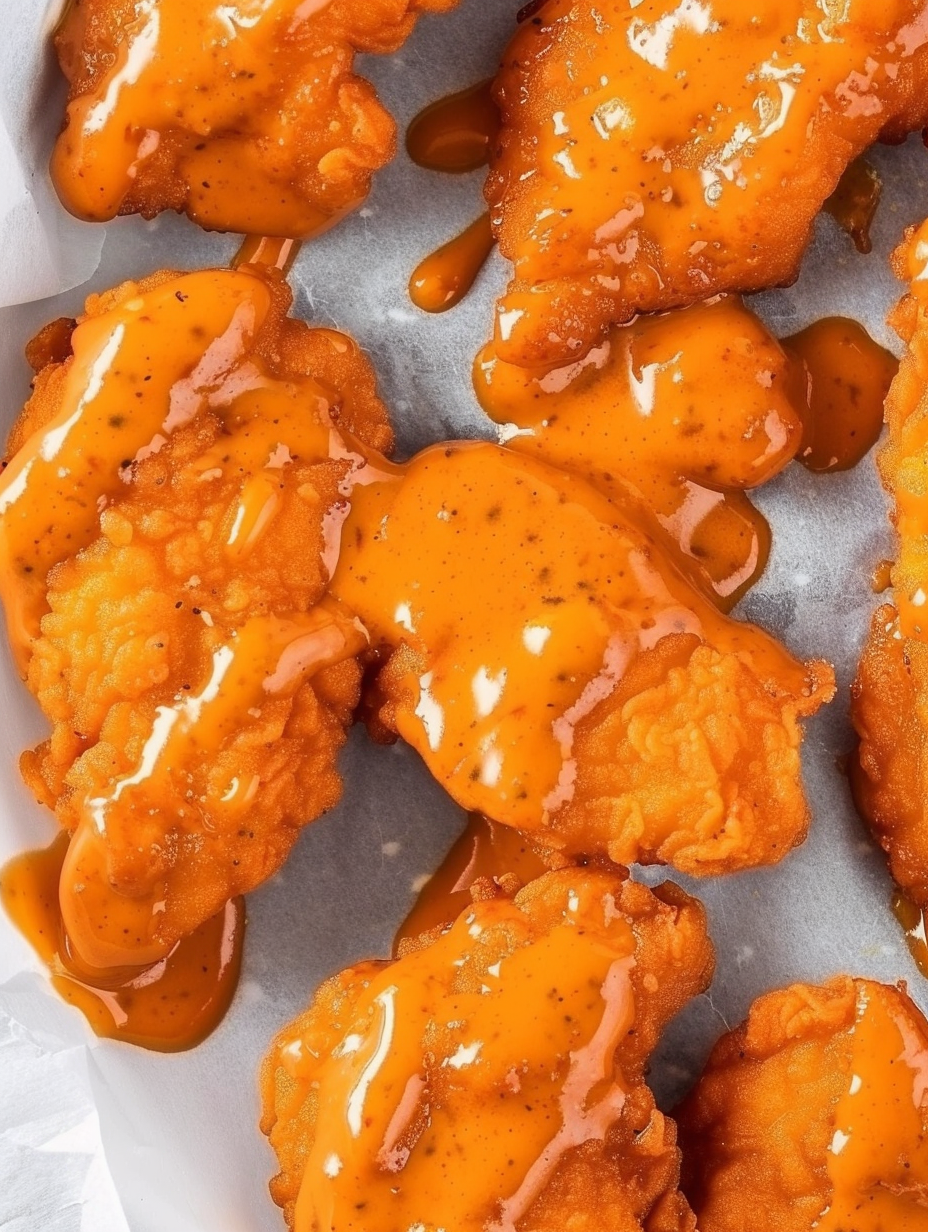 Buffalo chicken tenders tossed in buffalo sauce on a white platter