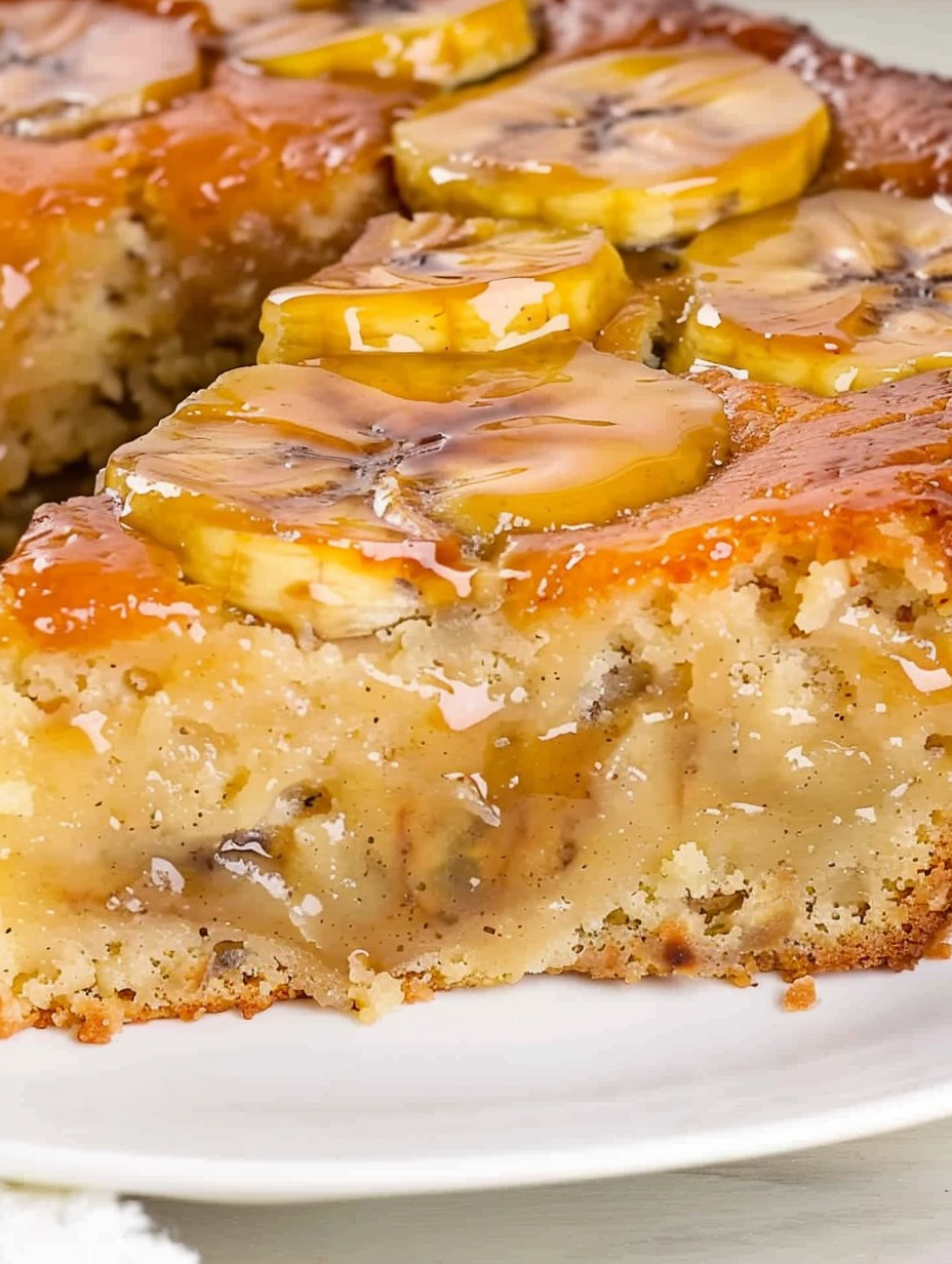 Banana upside down cake in pan with caramelized banana slices