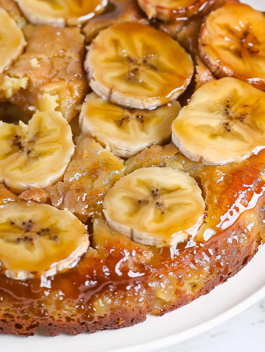 Slice of banana upside down cake served on a plate