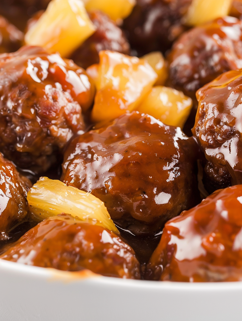 Baked sweet and sour meatballs glazed in pineapple sauce