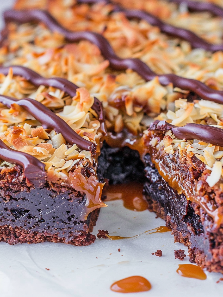 Chocolate drizzle over coconut caramel