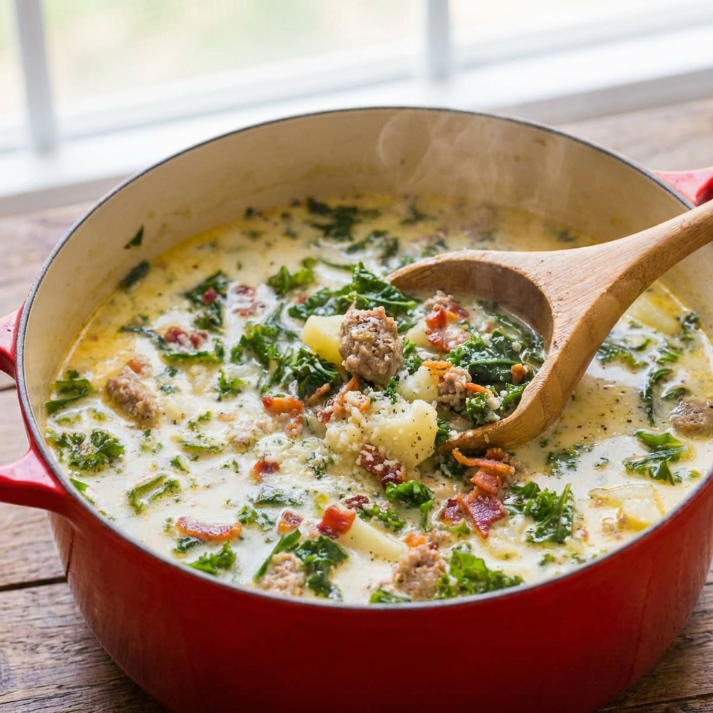 Bowl of Zuppa Toscana with bacon and parmesan