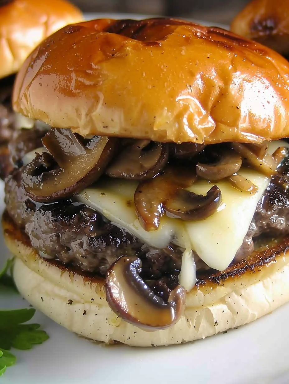 Grilled burgers with melted Swiss cheese