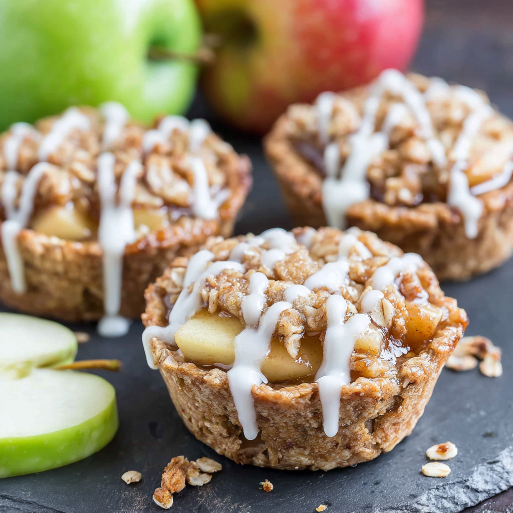 Apple crisp cookie cups arranged on a platter with glaze drizzle