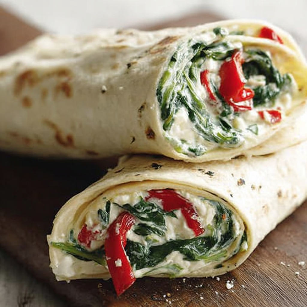 Close-up of creamy spinach and feta filling inside a tortilla