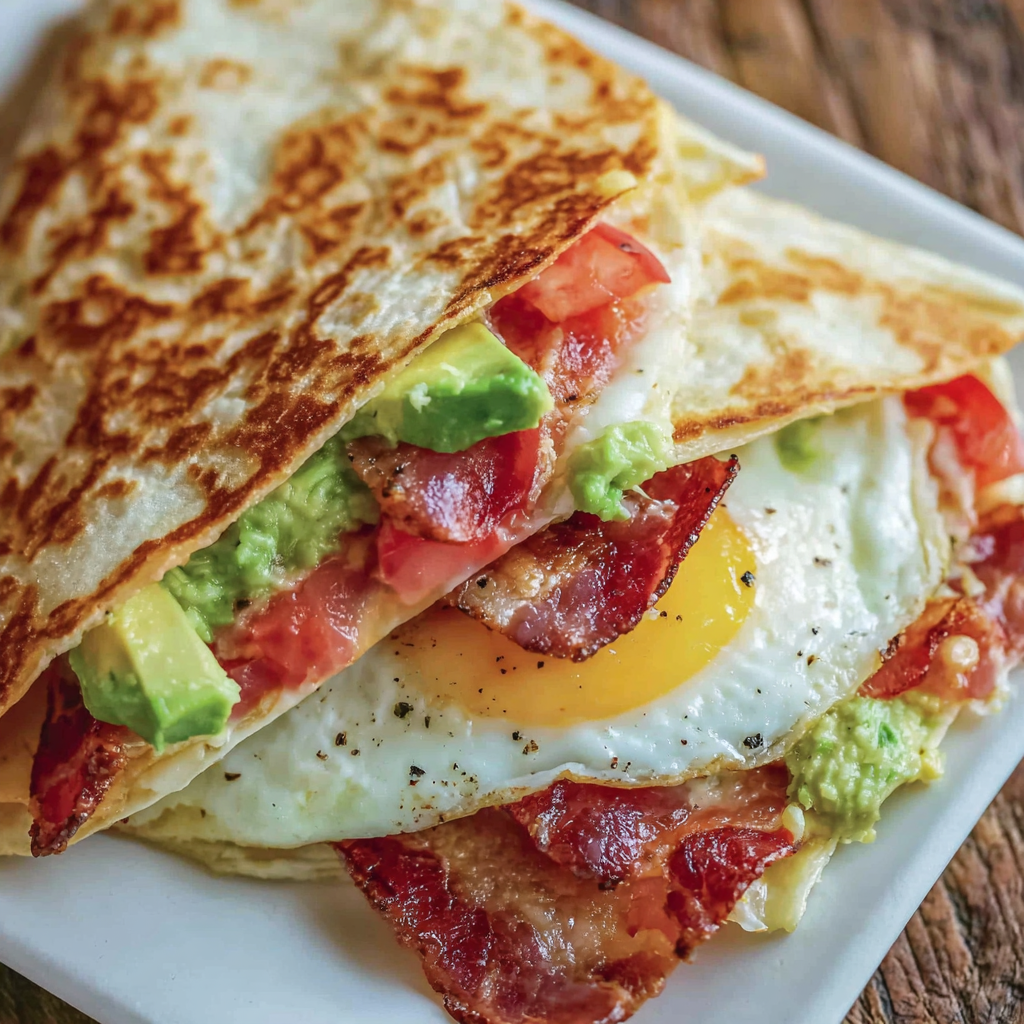 Crispy breakfast tortilla fold in skillet with bacon, egg, avocado and cheese