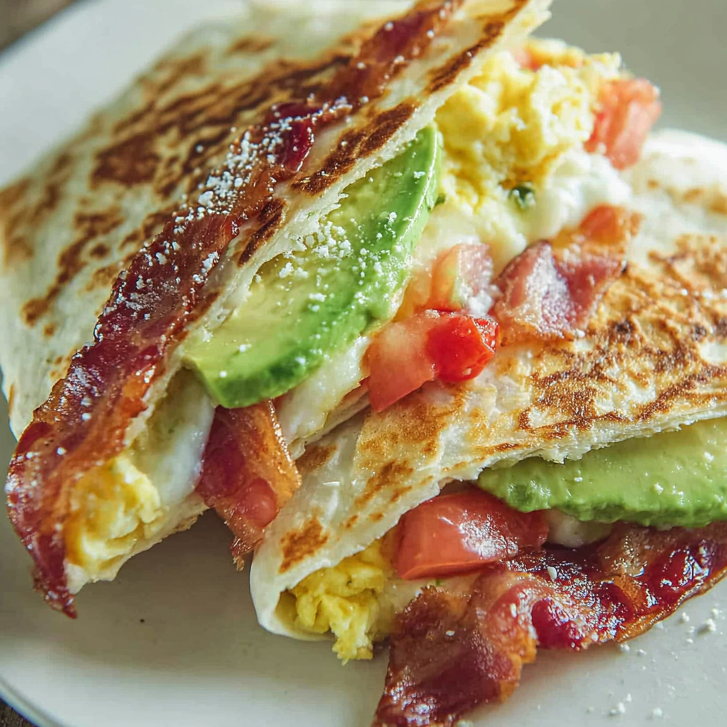 Close-up of tortilla fold layers showing egg, bacon, avocado, and melted cheese