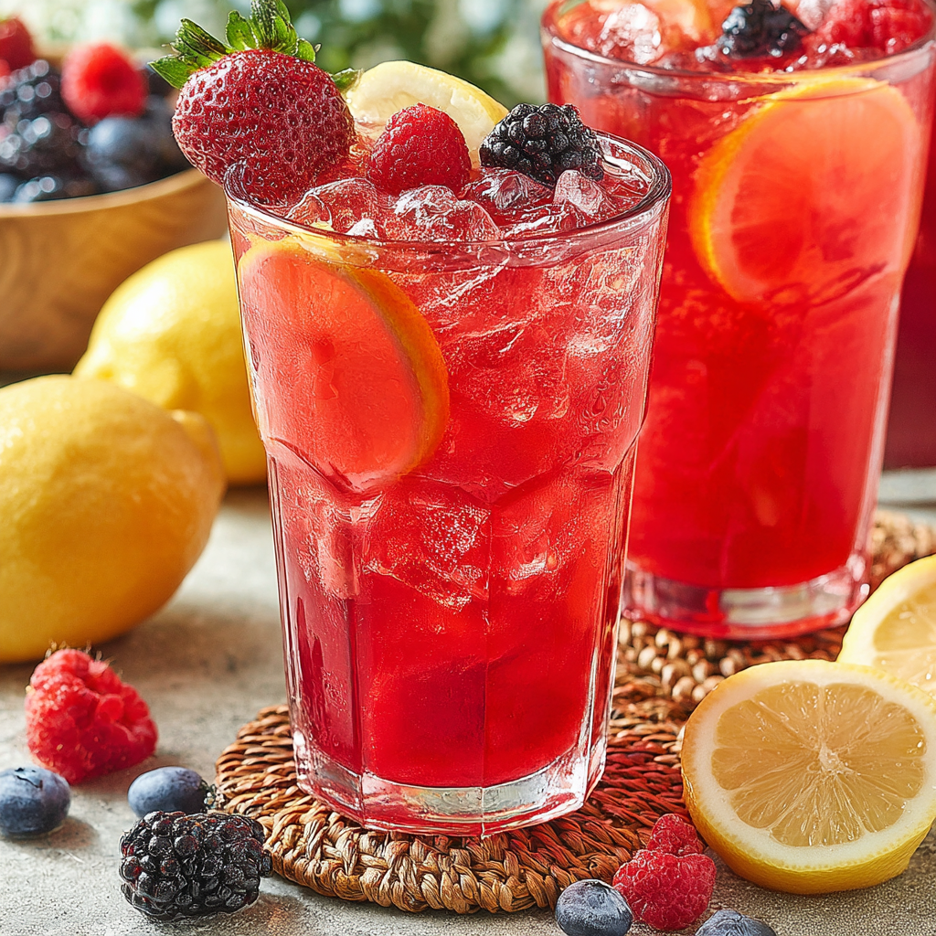 Pitcher and glasses of mixed berry lemonade on a sunny table.