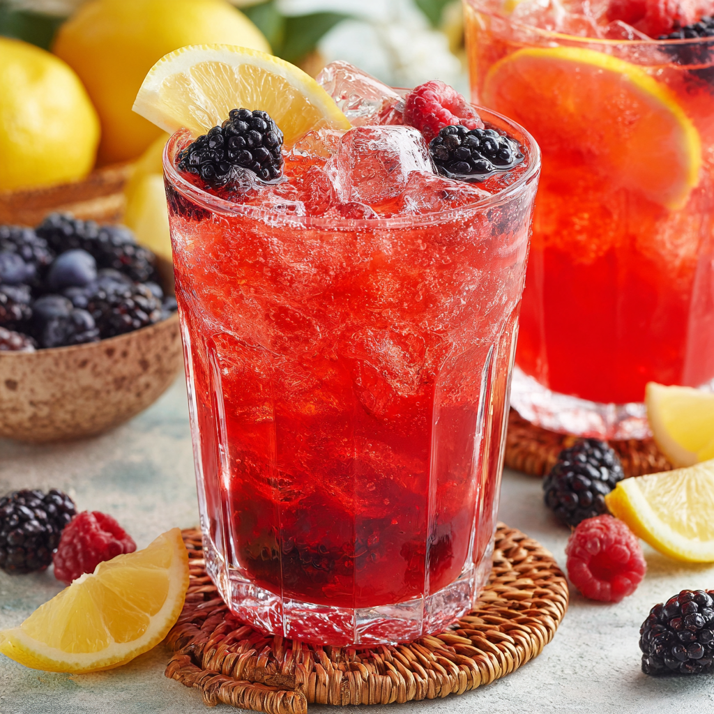 Berry lemonade being poured over ice with lemon slices and berries.