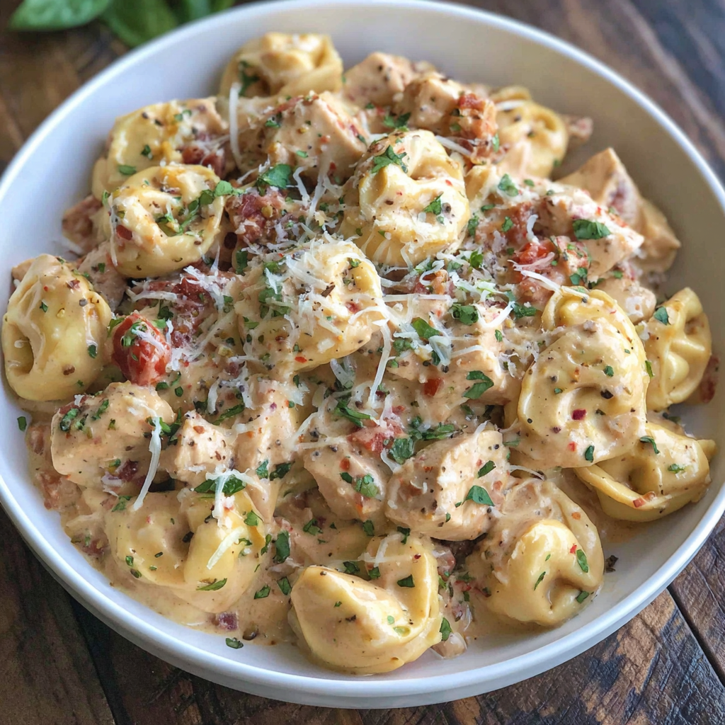 Overhead view of plated Marry Me Chicken Tortellini with basil garnish