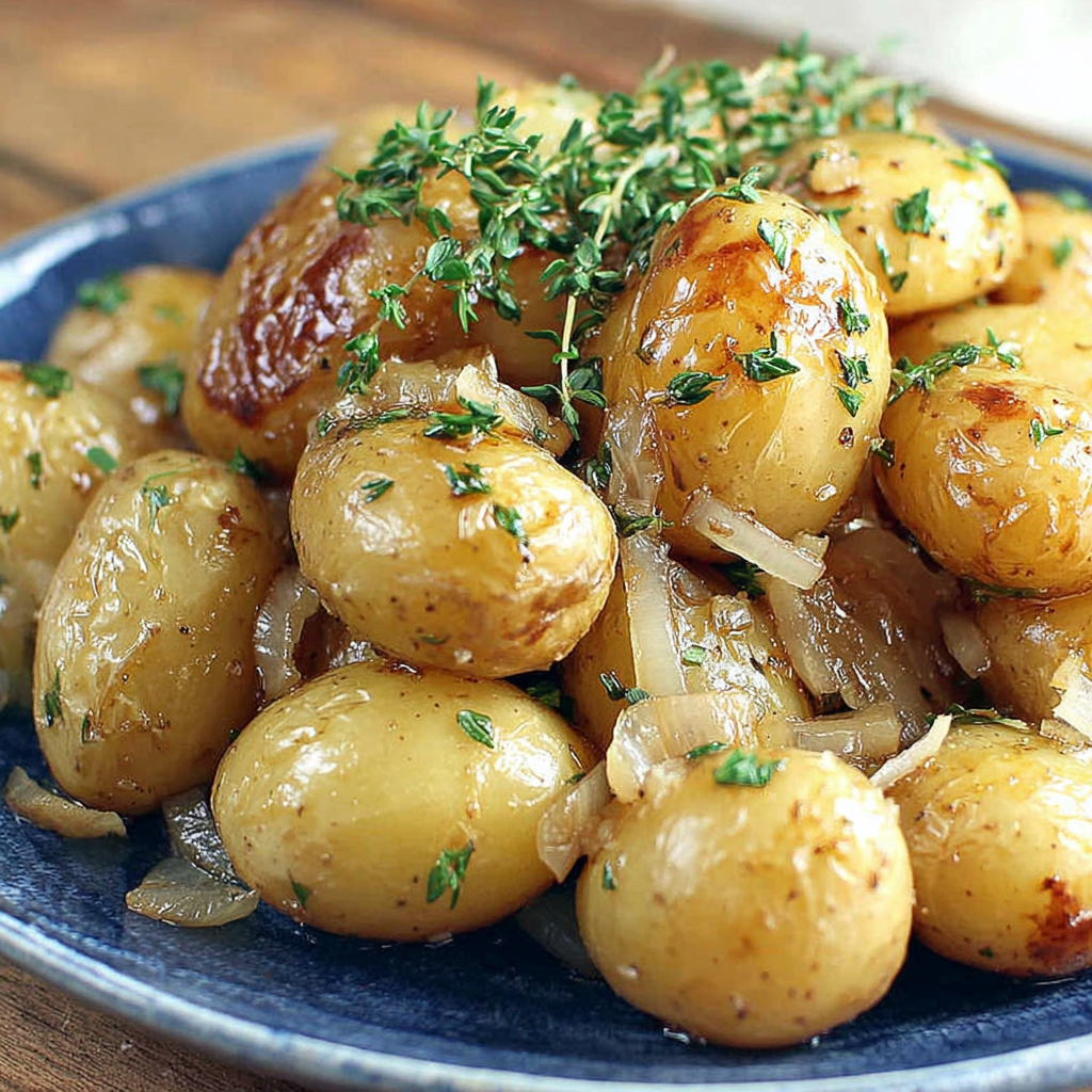 Serving bowl of grilled potatoes with thyme and onion on a picnic table
