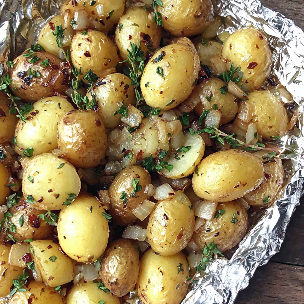 Close-up of golden grilled potatoes with garlic and thyme