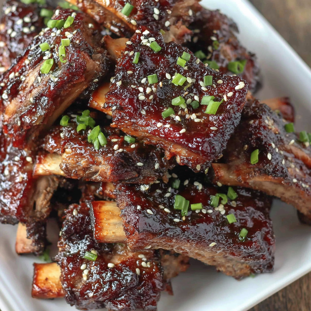 Platter of Chinese spare ribs with sesame seeds and sliced green onions ready to serve