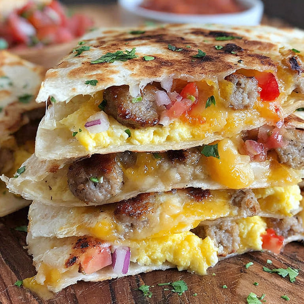 Close-up of melted cheese pull from a breakfast quesadilla wedge