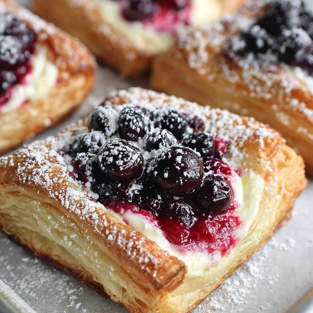 Close-up of blueberry topping and glossy egg-washed edges on a danish
