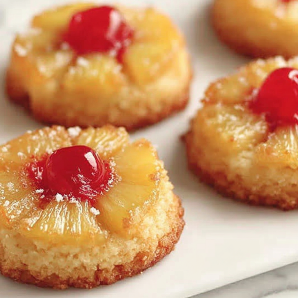 Close-up of caramelized pineapple ring atop a sugar cookie