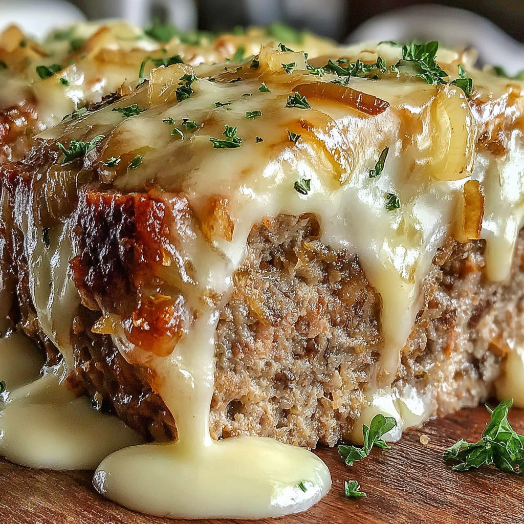 Sliced beefloaf with caramelized onions and Swiss on a platter