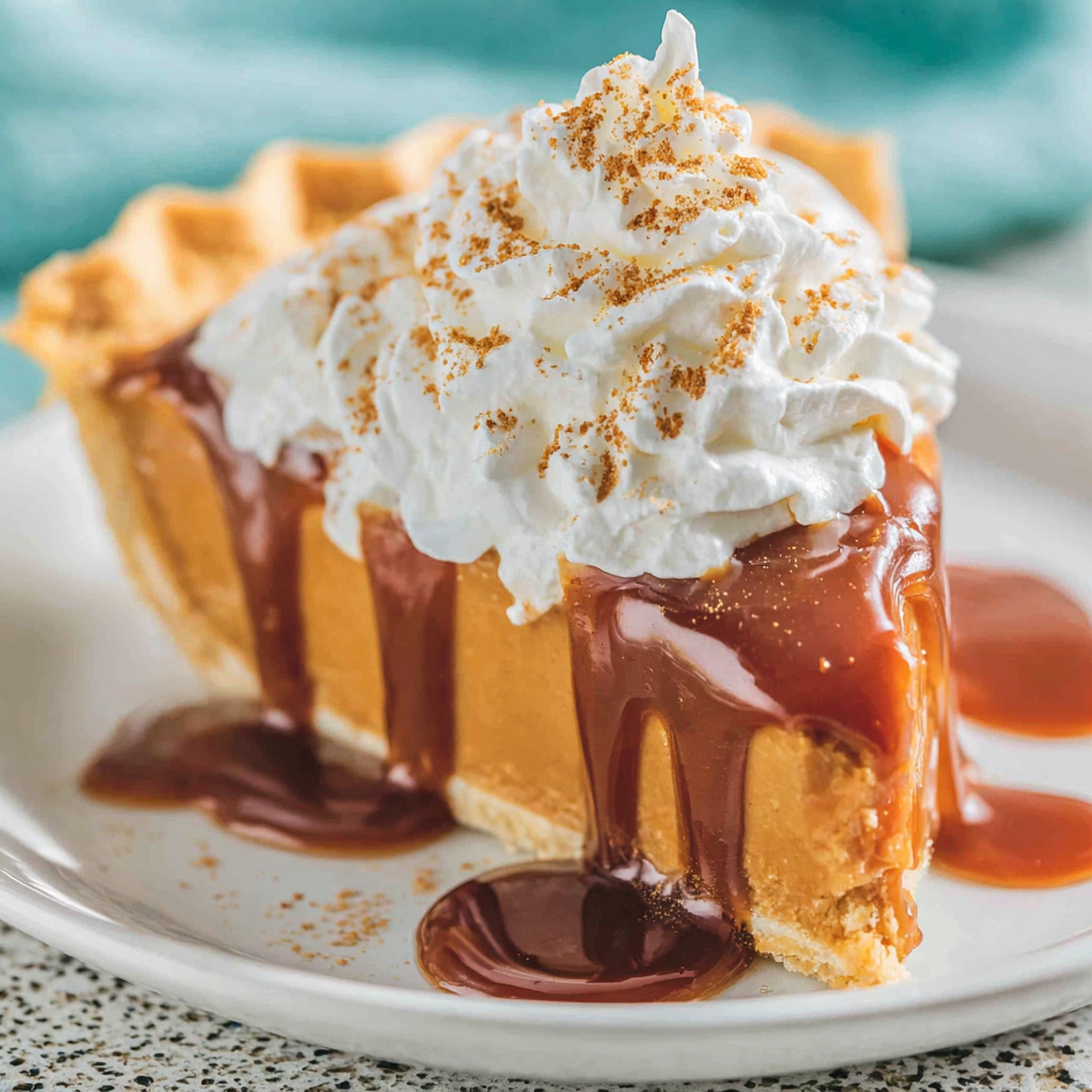 Whole butterscotch pie on a blue napkin with slices removed