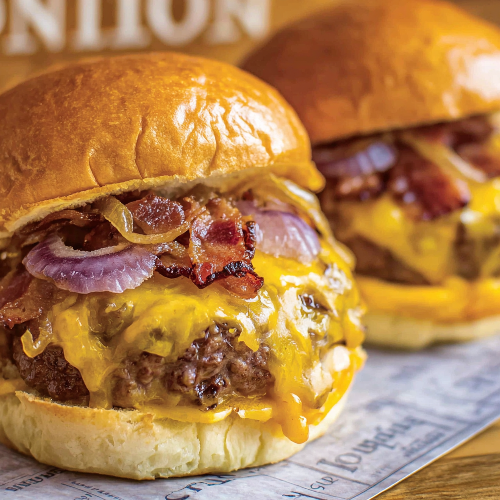 Caramelized bourbon onions and cheeseburger on grill