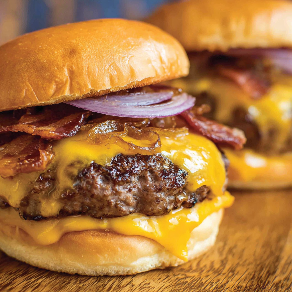 Assembled bourbon bacon cheeseburger with brioche bun