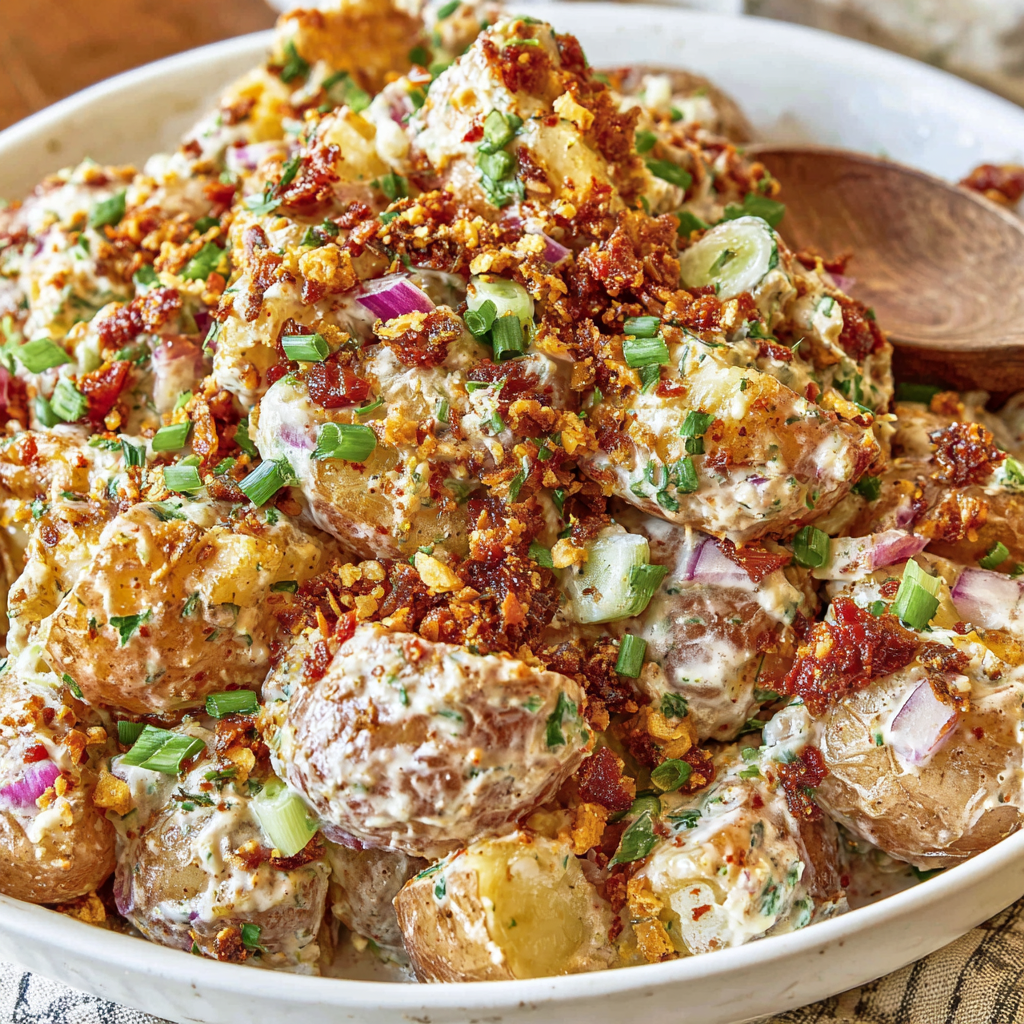 Overhead bowl of chili crisp smashed potato salad with wooden spoon